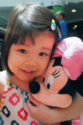 At TampinesOne. I picked up a 40cm tall Minnie plush toy, something our girl has been pining for a couple of months now. Minnie now accompanies her everywhere she goes.:)
