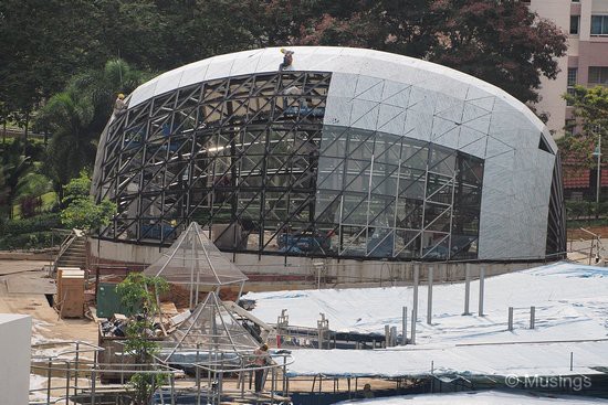 The plastic tiling half done for the Badminton Dome at this point.