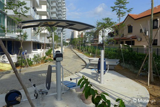 Outdoor fitness fixtures in front of Block 14A.