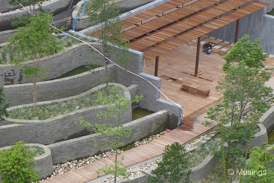 The wood decks at the Library Patio looks nearly done too.