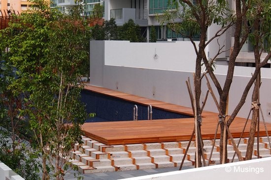 Wooden decks have been installed at the heated pool.