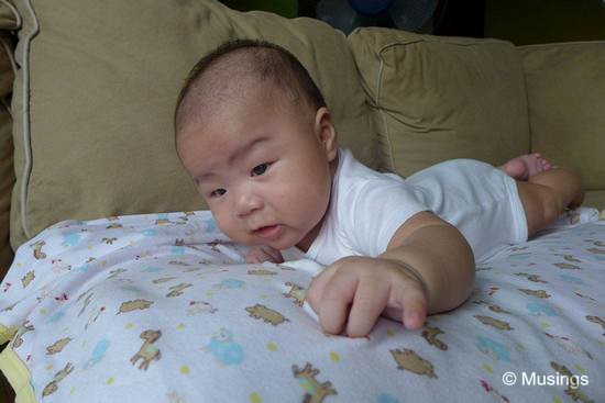 Peter's Tummy Time - which are exercises to help strengthen his abdomen muscles. He looks bewildered at the new sensation experienced here though.