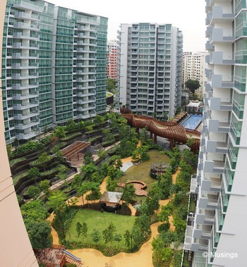 Panoramic stitch of Blocks 10 and 14 against Tranquil World. The picture's perspective - fisheye as it is - is actually a pretty good representation of what it looks like from the opposing HDB apartment block at level 12.