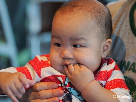 Peter chews his fingers a lot more than Hannah did at this age. Taken using the 45mm, and wide-open at f1.8. I'm still getting a handle of this short telephoto lens, and frequently to stretch myself as far as I can when shooting over a dining table. The lens is wonderfully sharp in its image center.