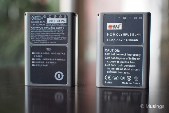 The original battery that came with the E-M5 on the left, and a knock-off on the right - which still works great, and dirt cheap to boot too.