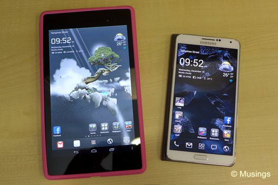The Google Nexus 7 in hot-pink, and the Samsung Galaxy Note III.