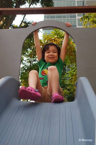 Hannah finally at the slide at the Children's Treeouse @ Tranquil World. She's been pining to try this out for months now ever since spotting them in visits last year!