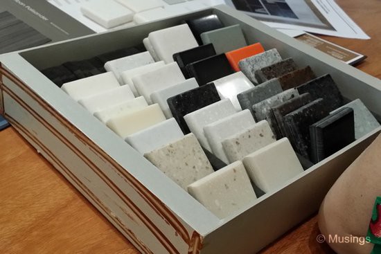 Just one tray of solid surface sample materials - these are for the bay windows.