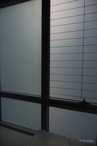 The shower stall and basin in the Master Bathroom, with frosted film installed. Blinds will be installed in a fortnight.