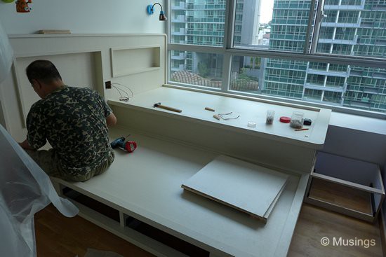 Hannah and Peter's bedframe coming along very nicely! Ling really liked this, and it seems identical to the proposed design from a few months ago. I'd not noticed this from earlier, but the depth of the bedframe head has allowed for a cavity to built in for our children to place small toys and little accessories on the bedhead too. 