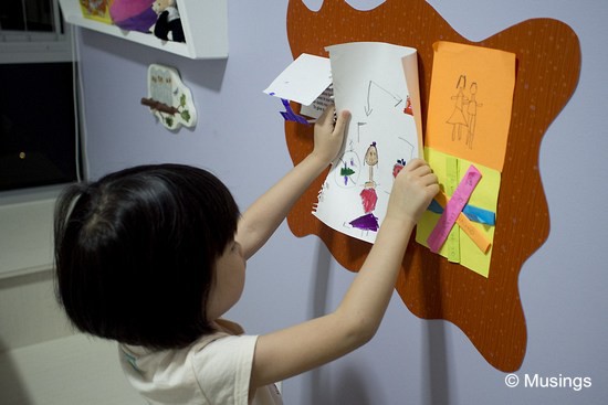 Her new post-it notice board mounted in her room. Hopefully, no more loose pieces of all her drawings all over the house now.