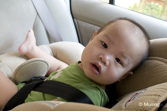 Peter has got to the point where he can squirm free from the seatbelt restraints. The situation got so bad that on a couple of occasions, we had to stop the car by the roadside, and carry him out to sit with us in the front compartment. Since then, we've reversed this seat location so that it faces front now, and added an additional restraining strap (courtesy of Ikea, and sewed in by Ling) so that he can't easily get free from the car seat belt... until he figures out how to unbuckle himself altogether!