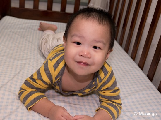 Peter's bedtime. Low ceiling, flash gun output upwards - and still correctly exposed!