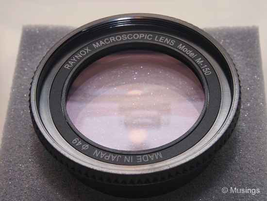 Close look at the lens. The filter size is 49mm, but the packaged universal adapter will permit the DCR150 to be mounted on a larger ranger of lens diameters. 