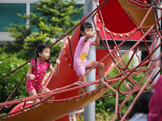 Intrepid explorers, these two - as they navigate across the wide rope ladders!