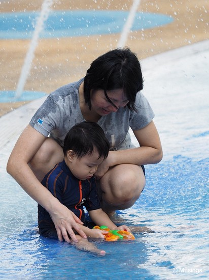 The shallow end of the kids' waterplay area is safe enough for Peter actually.