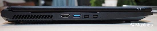Left-side ports: air vents, USB 3.0, HDMI, and two display ports.