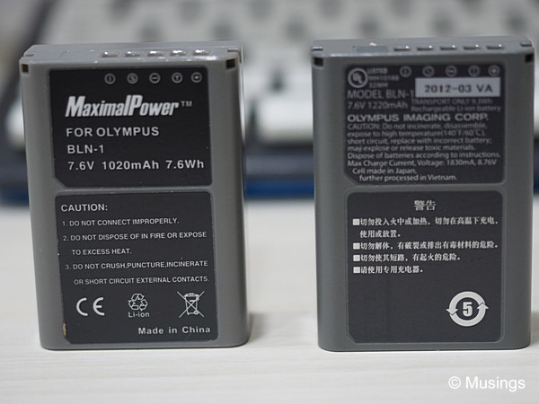 Batteries for the E-M1; the third party replacement (MaximalPower) compared with the OEM from Olympus. The replacement has worked quite well in its first extensive outing.