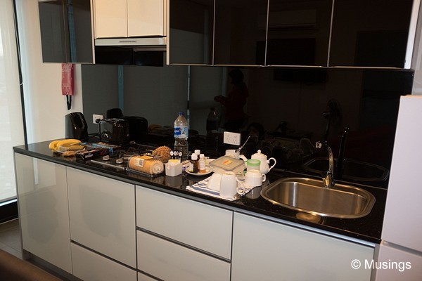Our suite's kitchen on a typical afternoon. Fruits from QVM and other snack items from Woolsworth.