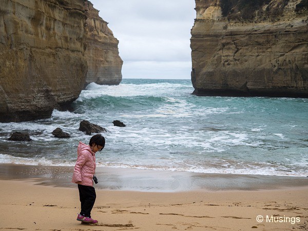 Hannah feet-drawing on the sand at Loch Ard Gorge.