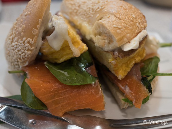Smoked salmon with eggs on a bagel @ Romano's. Yummy!