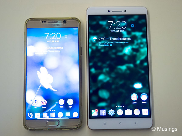 The new Mi Max beside my daily driver - the Samsung Galaxy Note 5.