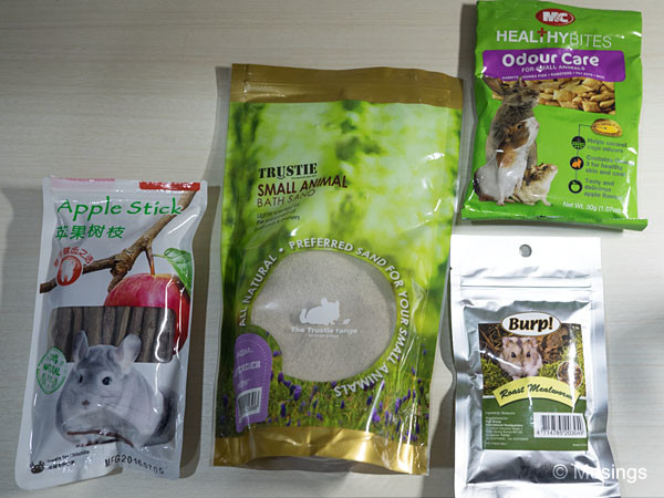 Care and concern: from left to right, chew sticks, bath sand, odour care treats, and roast mealworm treats!